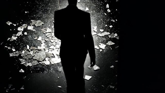 Silhouette of a Confident Man Walking Through Shattered Glass: Moody Urban Scene with Dramatic Shadows and Elegant Street Fashion