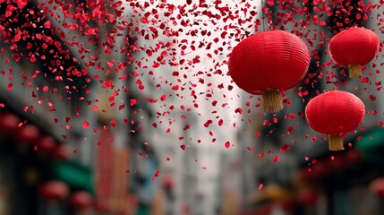 Fototapeta premium A red lantern is flying in the air with red petals falling around it. The scene is set in a city with buildings in the background. The lantern and petals create a sense of celebration and festivity