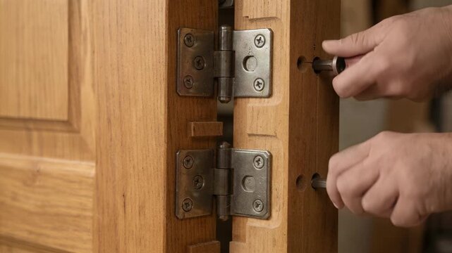 Closeup medium shot showing the detailed fitting of four hinges on a wooden door highlighting precise recessing techniques for enhanced security.