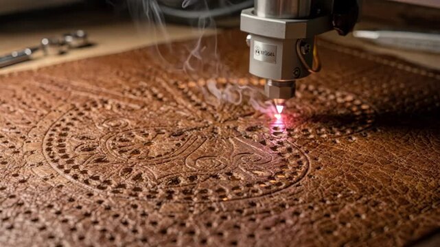 Medium shot capturing laser engraving perforated detail on leather emphasizing delicate hole patterns and meticulous artisanal techniques.