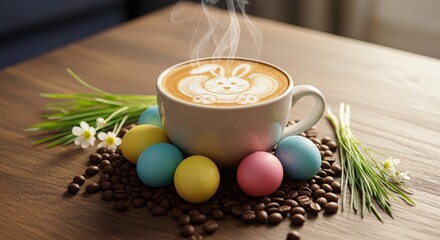 Latte art bunny with colorful easter eggs and coffee