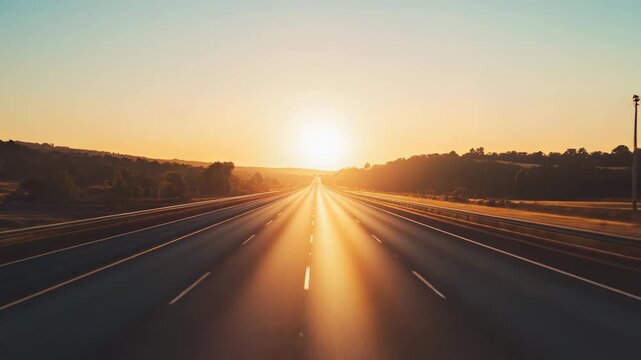 Empty highway stretching into a glowing sunset, long open road toward the horizon symbolizing journey, freedom and forward movement during golden hour