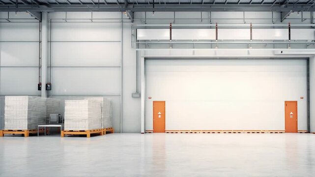 Large empty industrial warehouse interior with bright concrete floor, metal ceiling structure, stacking wooden pallets and wrapped goods near a wide open rolling shutter door