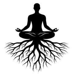 Minimalist Black Silhouette of Person Meditating in Lotus Pose with Tree Roots for Grounding and Stability Concept

