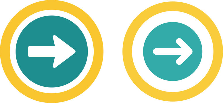 Two teal circles with white arrows pointing right inside yellow rings right arrow