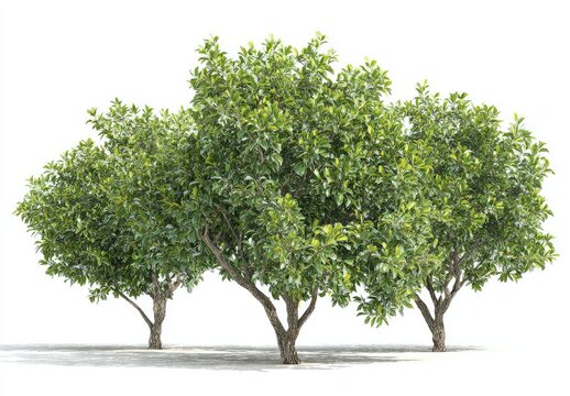 Lush, vibrant green leafy trees stand tall against a clean white backdrop