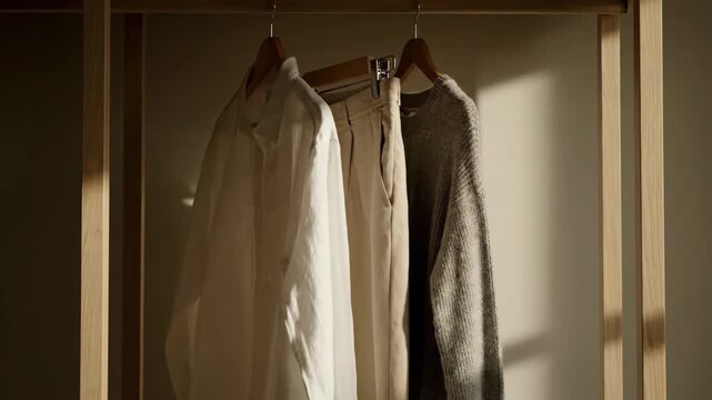 Minimalist capsule wardrobe with neutral color clothing hanging on a wooden rack. Slow fashion concept for sustainable living and conscious consumption in a cozy home interior