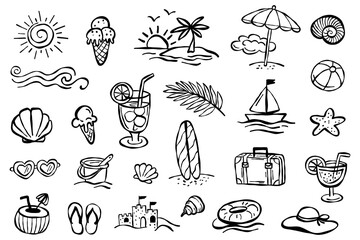 Hand drawn summer vacation doodle icons set with sun ice cream palm tree seashell surfboard cocktail umbrella and beach elements in black outline style isolated on white. Vector illustration © Daria