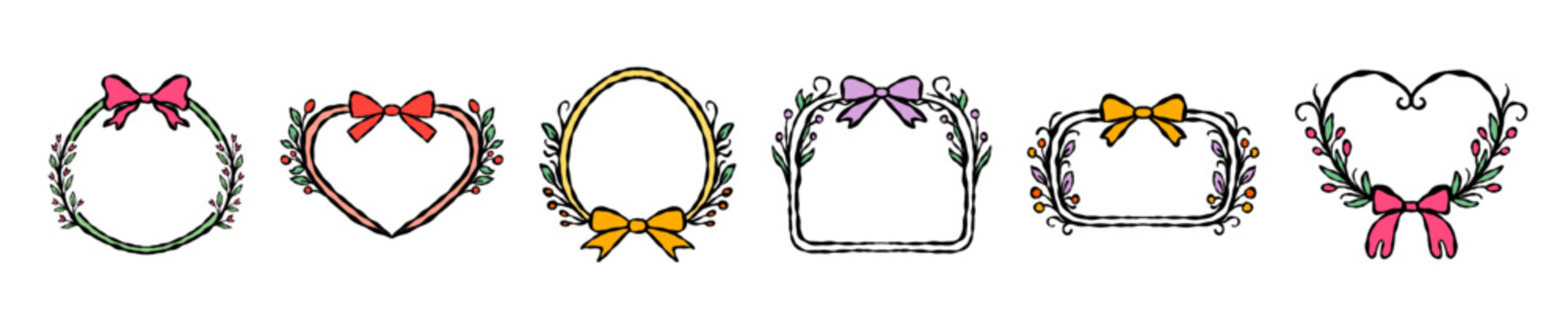 Romantic floral wreath frames with bows and delicate garlands hand drawn colorful decorative borders isolated on white for wedding and greeting design. Vector illustration