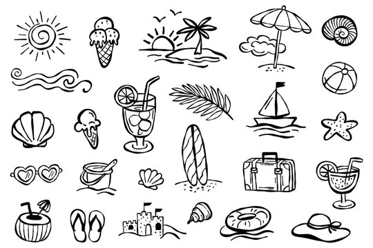 Hand drawn summer vacation doodle icons set with sun ice cream palm tree seashell surfboard cocktail umbrella and beach elements in black outline style isolated on white. Vector illustration