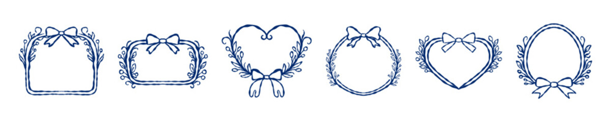 Delicate blue summer decorative frames collection with hearts wreaths bows and floral borders minimal line style isolated on white background for invitations and greeting cards. Vector illustration © Daria