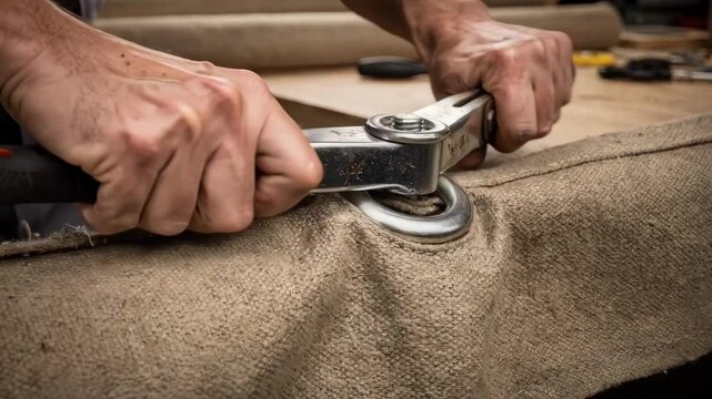 Medium shot of a craftsman punching a brushed metal grommet into canvas for durable hanging highlighting precision and tool use.