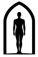 Minimalist Standing Yoga Silhouette in Tadasana Mountain Pose Framed by Ancient Stone Archway

