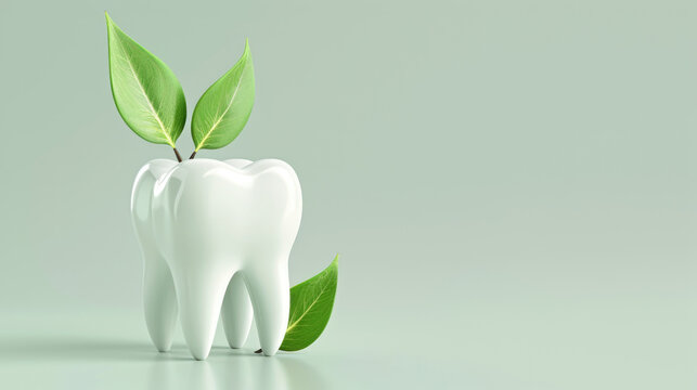 White tooth with green leaves on neutral background representing natural dental care and eco-friendly oral health