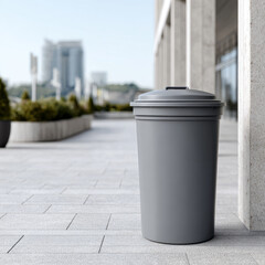 Modern grey trash can in urban plaza setting with skyscrapers