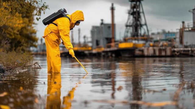 Industrial worker applying ecofriendly organic sorbents to neutralize chemical spill emphasizing safe handling and environmental protection during hazardous cleanup.