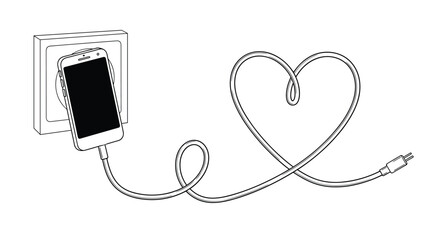 Line art illustration shows a smartphone plugged into a wall outlet with the charging cable looped into a romantic heart shape.