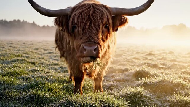 Highland cow standing in a misty field at sunrise with long horns.
