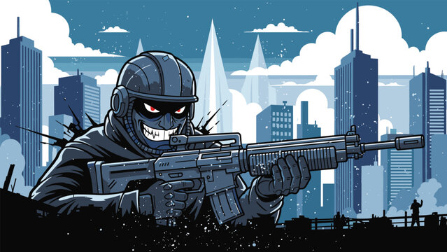 Menacing soldier wearing a tactical helmet and mask holds a large rifle against the backdrop of a blue-toned futuristic skyscraper city.
