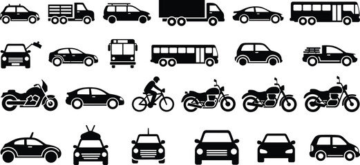 Black and white of various vehicles on white background vehicle car silhouettes truck motorcycle bus symbols © Riyaj Vector Valley