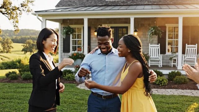 A couple receives keys from their real estate agent after finalizing their mortgage for a new home in the countryside, celebrating their new chapter together