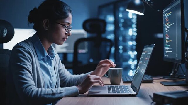 An Indian woman programmer is working late at her desk in a dark office. She is typing on her laptop and focused on her tasks in a digital company environment