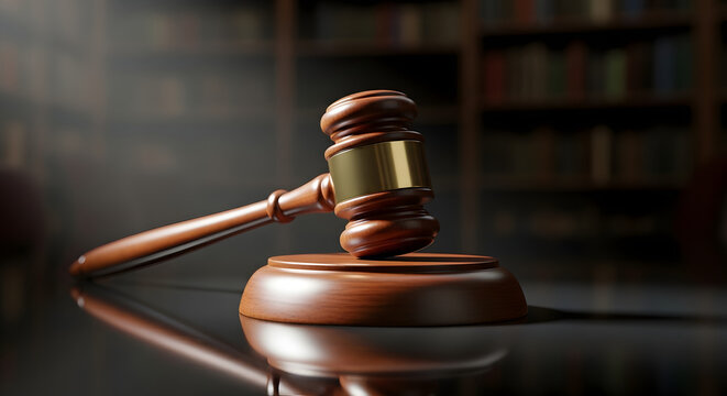 Judge's gavel resting on sound block in a courtroom