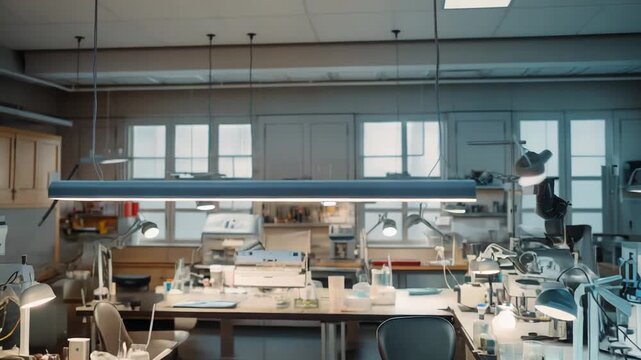 Modern scientific laboratory featuring various specialized equipment, beakers, test tubes, and instruments, creating an environment for advanced research and discovery