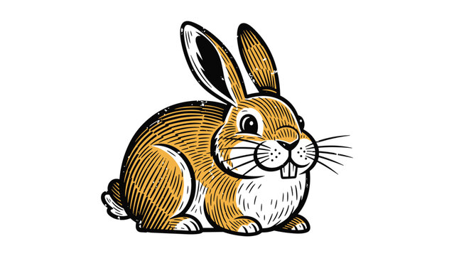 Textured illustration of a brown rabbit sitting calmly, rendered in a traditional woodcut or linocut style with fine details and cross-hatching.