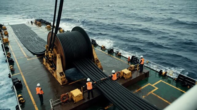 Cable laying vessel crew working on an offshore installation project at sea. Adult male engineers manage a large spool of submarine fiber optic cable on the ship's wet deck
