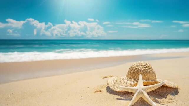 Starfish and straw hat on serene sandy beach with clear turquoise waters