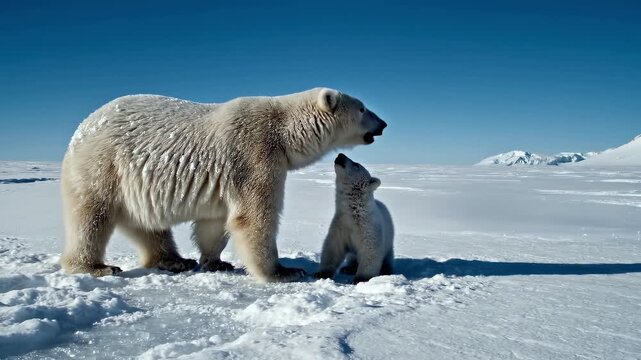 Mother polar bear and cub standing together in the Arctic snow.