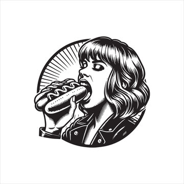 Black and white vector illustration of a woman eating a hot dog in front of a sunburst design on a clean white background.