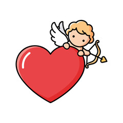 Cute Cartoon Cupid Peeking Over Red Heart with Bow and Arrow