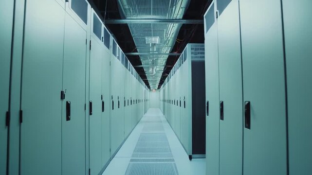 Modern data center corridor with long rows of server racks and blinking lights, representing high tech computing power and information technology infrastructure