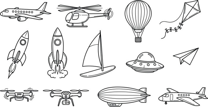 Air transport and flying vehicle icons set with airplane rocket drone vector illustration collection
