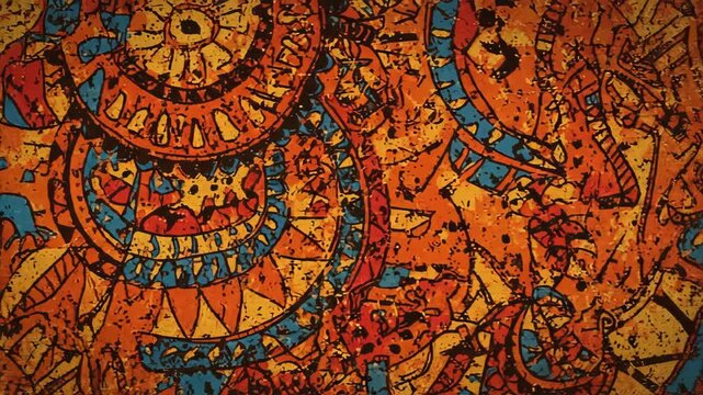 Colorful panoramic banner with traditional indian inspired artwork and patterns. Distressed grunge texture with elephants and mandalas for a spiritual or cultural concept