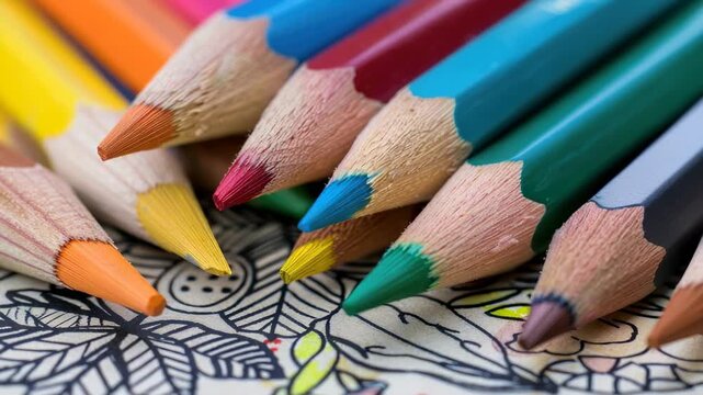 Close-up of colorful pencils on detailed drawing leaves and berries