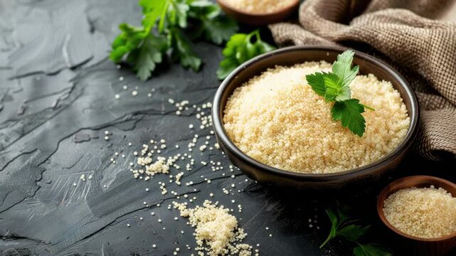 Bowl of couscous on dark textured surface, garnished with herbs
