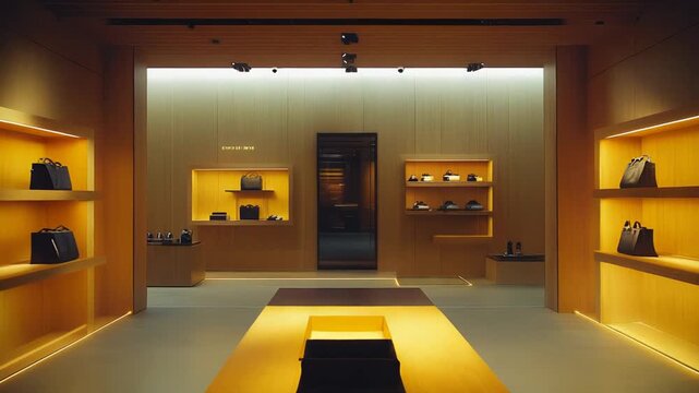 Modern luxury retail boutique interior showcasing various fashion handbags and accessories on illuminated shelves, creating an atmosphere of exclusivity and sophistication