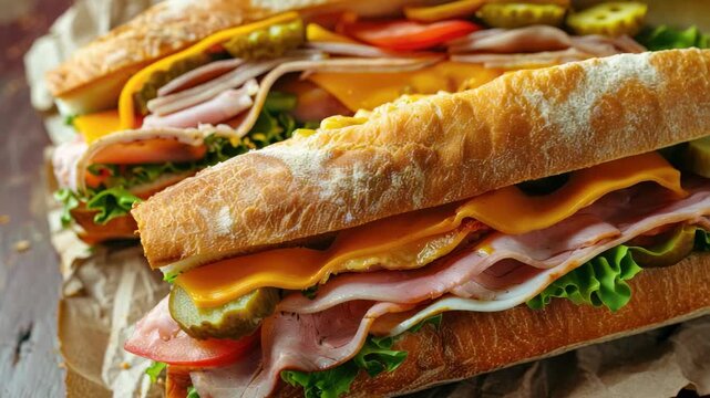 Fresh sandwich with sliced meats, cheese, lettuce, tomato, and pickles on crunchy baguette