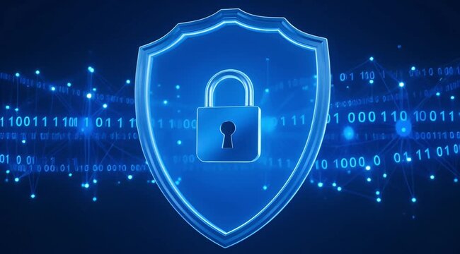 Secure data protection with shield and lock on digital background