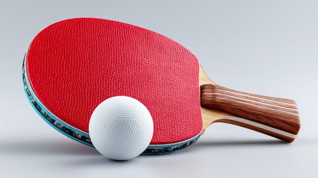 A red and white ping pong paddle with a white ball on top of it. The paddle is made of wood and has a brown handle