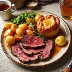 English food. A classic roasted beef with crispy potatoes, vegetables, and Yorkshire pudding.