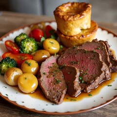 English food. A classic roasted beef with crispy potatoes, vegetables, and Yorkshire pudding.