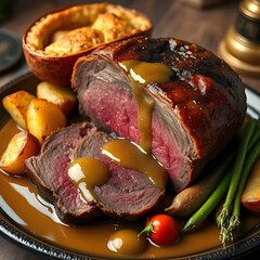 English food. A classic roasted beef with crispy potatoes, vegetables, and Yorkshire pudding.