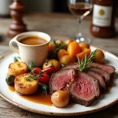 English food. A classic roasted beef with crispy potatoes, vegetables, and Yorkshire pudding.