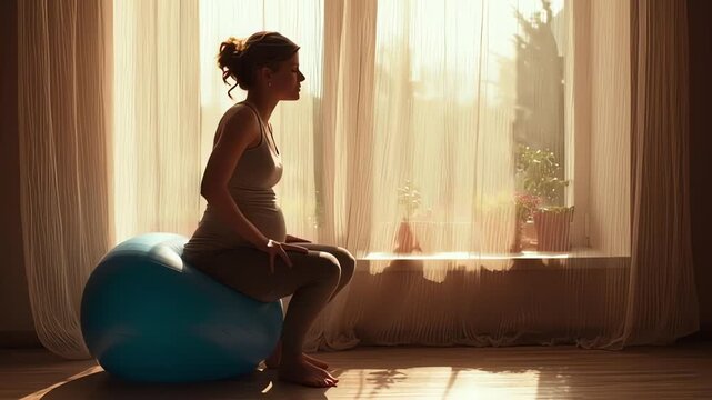 Pregnant woman exercising on fitness ball by sunny window
