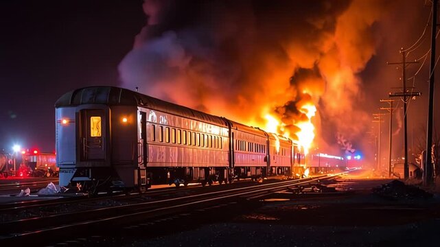 Train car fire disaster at night dramatic flames and heavy smoke