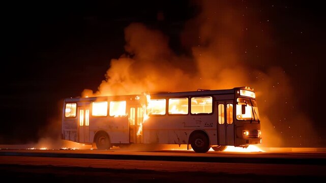 Bus on Fire at Night Dramatic Catastrophe Scene